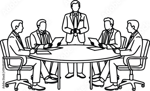 Businessmen in a meeting around a table with laptops and papers discussing corporate strategy and teamwork in an office
