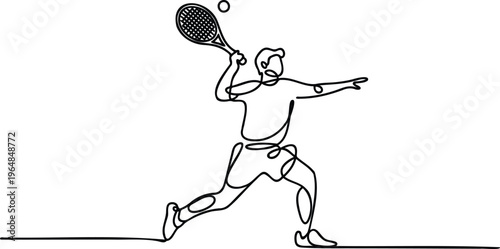Continuous line drawing of a man playing tennis with racket and ball in motion on court surface
