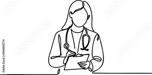 Continuous line drawing of female doctor with stethoscope writing on clipboard in one line style  medical professional concept