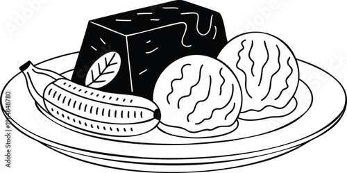 Delicious dessert plate with chocolate cake and fresh fruit nuts  banana walnuts on a plate