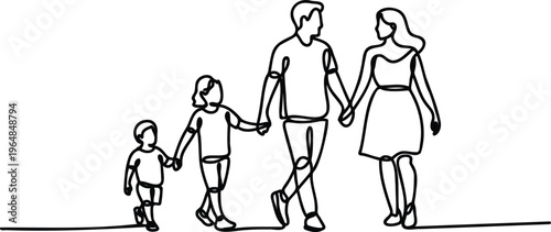 Family of four walking together hand in hand in a line  happy family  love  togetherness