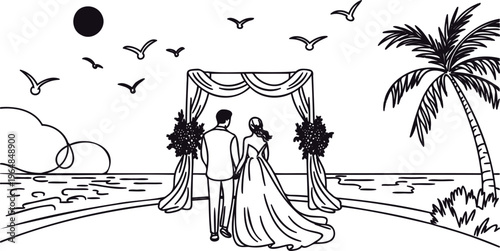 Wedding couple standing on beach with palm tree and ocean view  romantic scenery with arch and flowers
