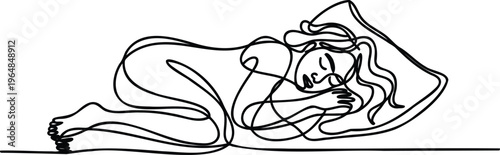 Woman lying down sleeping peacefully on side with one hand under head in a simple continuous line drawing style