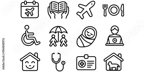 A collection of twelve simple line art icons representing various daily life services and concepts