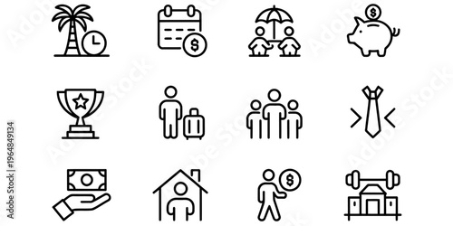 A collection of twelve simple black and white line icons representing various life and work themes