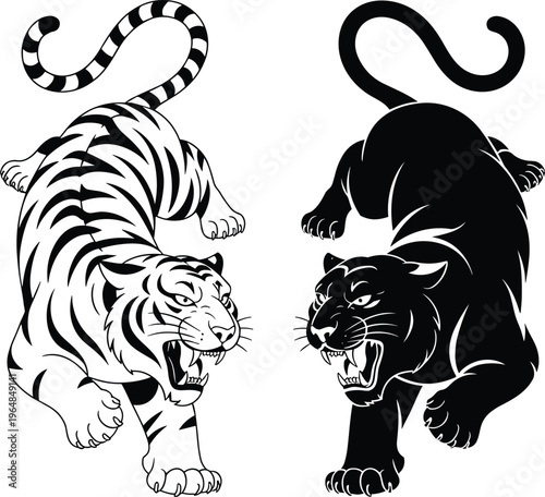 Canvas Print Roaring Tiger and Panther Duo big cats wild animals