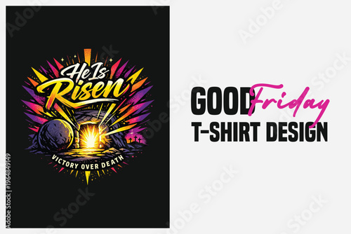 Easter Good Friday t-shirt design with risen Christ and victory over death typography on dark background
