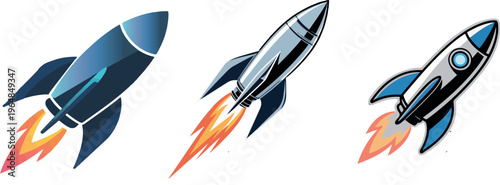 Rocket vector icon set on black and blue backgrounds with a playful travel and flight inspired design