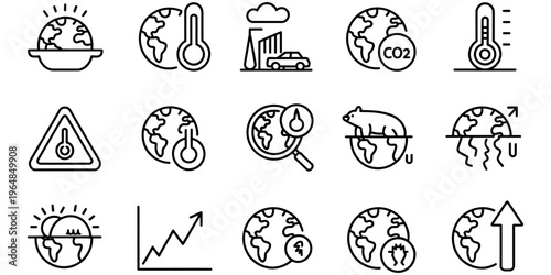 A collection of fifteen black and white line art icons depicting global warming and climate change