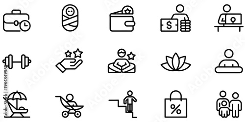 A collection of fifteen diverse black and white line art icons depicting various lifestyle themes