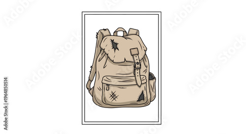 Illustration of a vintage explorer's worn backpack with patched details, ready for adventure