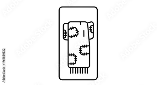 Minimalist line art illustration of a cozy patched sleeping bag or quilted comfort item