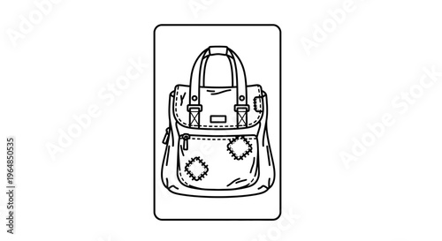Stylish line art illustration of a versatile carry-all bag with decorative patches and sturdy