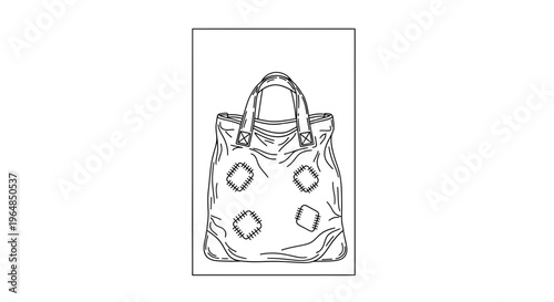 Minimalist outline illustration of a stylish tote bag adorned with decorative stitched patches,