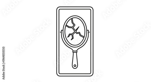 Minimalist line art illustration of a shattered handheld mirror symbolizing misfortune