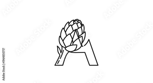 Elegant line art of an artichoke forming the letter A, minimalist design concept for branding