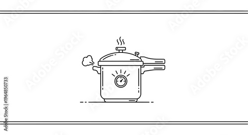 Contemporary line art illustration of an actively steaming kitchen pressure cooker with integrated