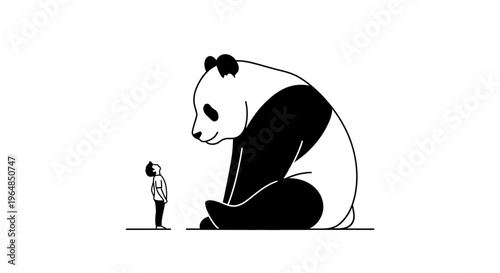 Small human gazing up at an enormous, gentle panda creating a sense of wonder