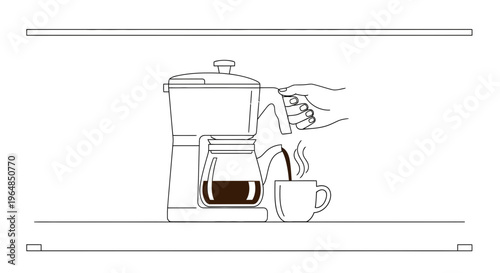 Illustration of a hand pouring freshly brewed hot coffee from a carafe into a steaming mug