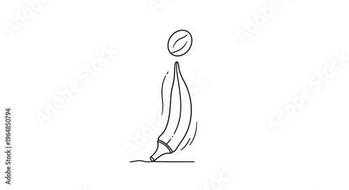 Minimalist black and white line art depicting a vibrant okra vegetable pod with a floating coffee