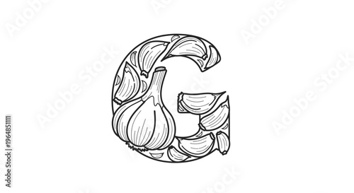 Stylized letter G artfully composed of garlic bulb and cloves, a monochrome botanical illustration