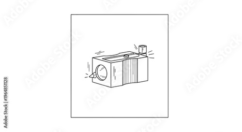 Detailed monochrome line art illustration of a classic school pencil sharpener for education and