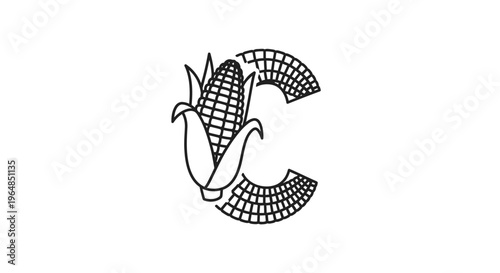 Minimalist black outline drawing featuring an ear of corn seamlessly integrated with a stylized