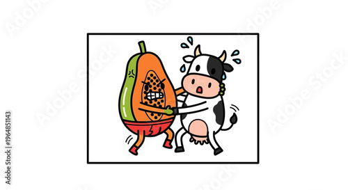 Comical animated clash featuring a determined fruit and a surprised farm animal in a playful