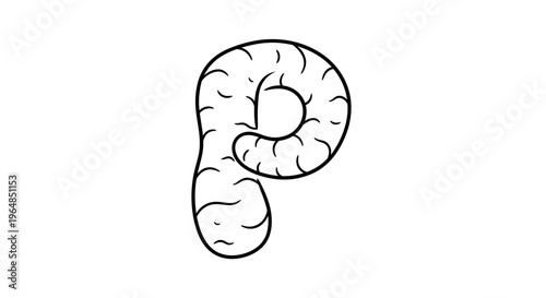 Whimsical black and white doodle of a curled organic form or stylized letter P for creative design