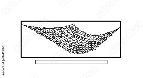 Minimalist black line art illustration depicting a suspended woven net or a relaxed hammock
