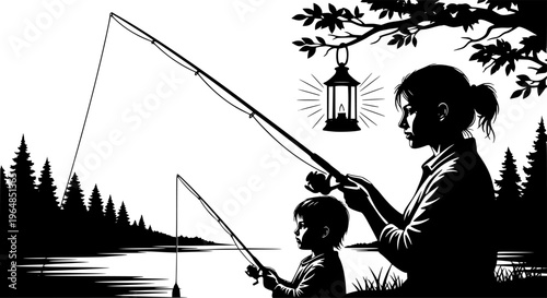 Woman and child fishing together outdoors with a lamp.
