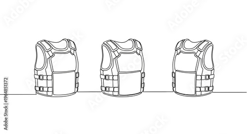 Single line artistic depiction of multiple body armor vests symbolizing defense and safety