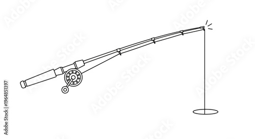 Minimalist line art illustration of a fishing rod with reel and taut line suggesting outdoor