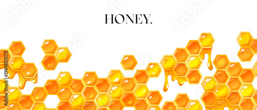 Horizontal Honeycomb Border with Dripping Golden Honey. Vector Sweet Hexagon Background with Copy Space. Organic Nectar Frame Isolated on White for Honey Production Branding, Website Header