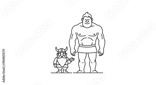 Line art illustration of a tiny bearded dwarf with a horned helmet next to a colossal muscular