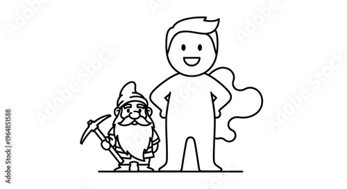 A cheerful superhero figure and a hardworking gnome with a pickaxe standing together