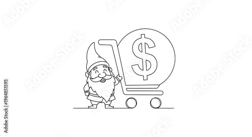 Charming gnome character promoting successful commerce with a dollar filled shopping cart