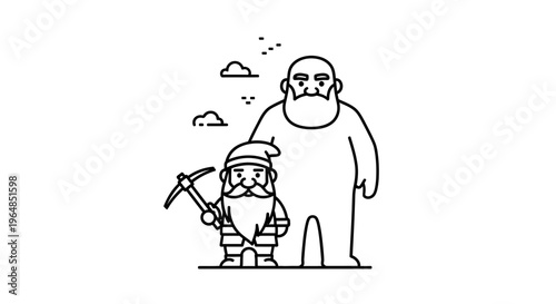 Minimalist outline illustration of a small bearded miner and his larger, bald companion