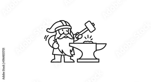 Whimsical bearded character crafting on an anvil with a hammer, creating sparks of creativity and