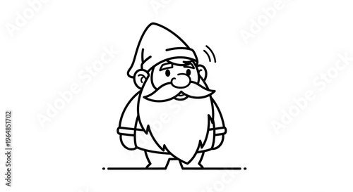 Minimalist black outline drawing of a friendly cartoon garden gnome character with a long beard
