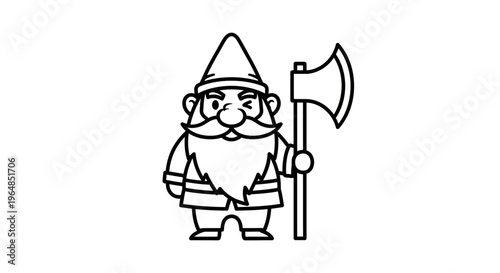 Charming line art gnome with a distinctive pointy hat and long beard holding a woodcutting axe