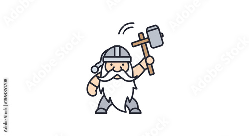 A cheerful cartoon dwarf character illustration with a big hammer, ready to work hard or celebrate