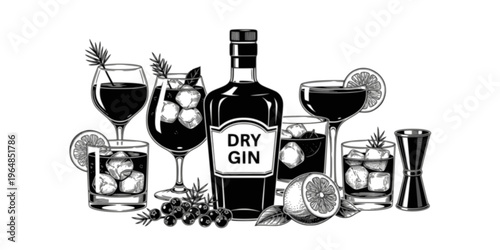 Dry gin bottle, cocktails, juniper berries, jigger and lemon engraving vector illustration
