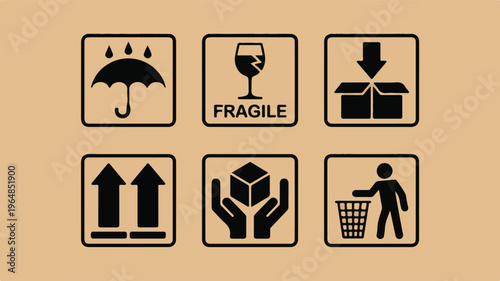 Black and white shipping symbols on tan background umbrella raindrops