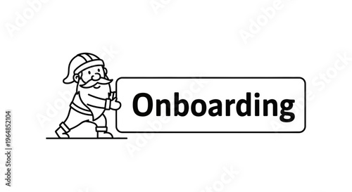 Charming gnome character presenting a clear "Onboarding" sign for new user or employee welcome