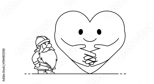 Charming illustration of a gnome contemplating a cheerful heart with clasped hands outline