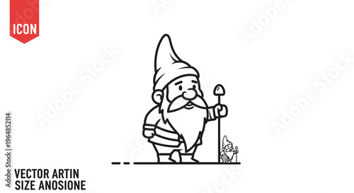 Charming garden gnome icon with long beard, pointy hat, holding a shovel, featuring a small version