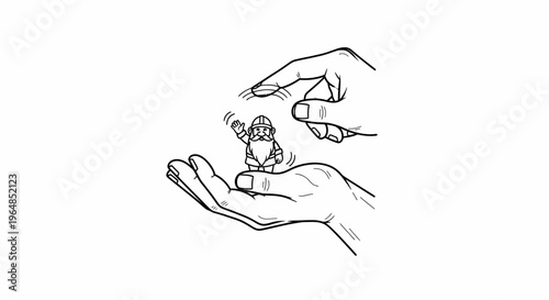Gentle hands cradling a small, waving bearded character, depicting care and whimsical interaction