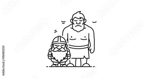 A melancholy pair of fantasy companions, a towering giant and a bearded dwarf, standing together