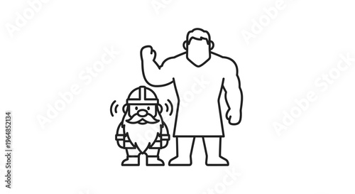 Dynamic duo contrast strong man and energetic dwarf standing together in a minimalist outline